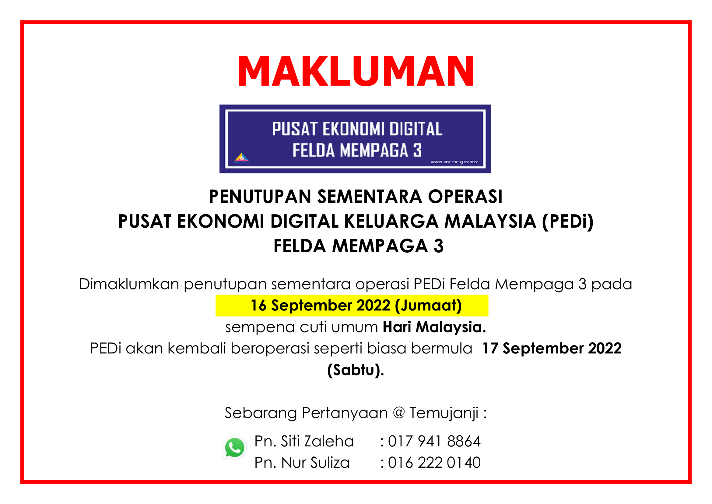 NOTIS PENUTUPAN BARU 2022 Hari Malaysia 1