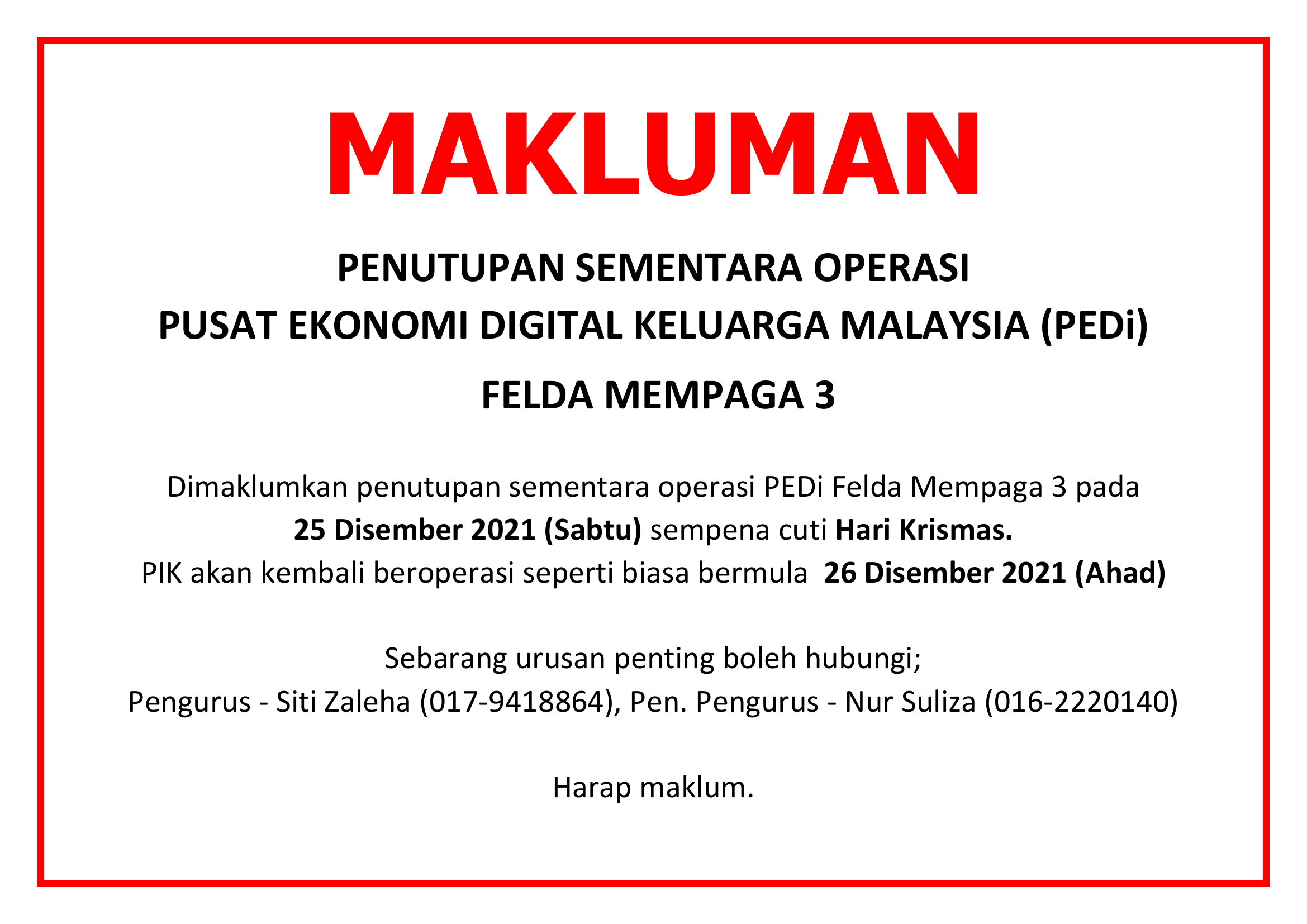 NOTIS PENUTUPAN KRISMAS 2021